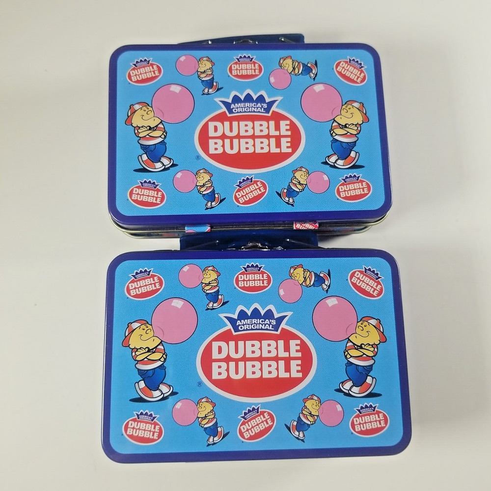 Lot Of 2 Double Bubble Collectible Mini Lunch Box Tin Metal 4" With Handles